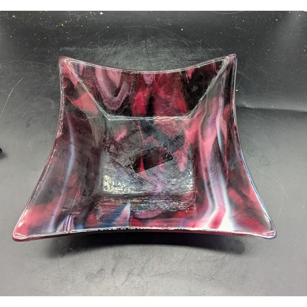 Studio Fused Glass Rectangular Console Bowl Cranberry Lilac Rose Swirl Design 8"